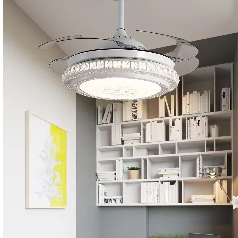 Invisible Ceiling Fan With Light Living Room Dining Bedroom Remote Control DC Motor 6 Speeds Crystal Chandeliers Ceiling Fans