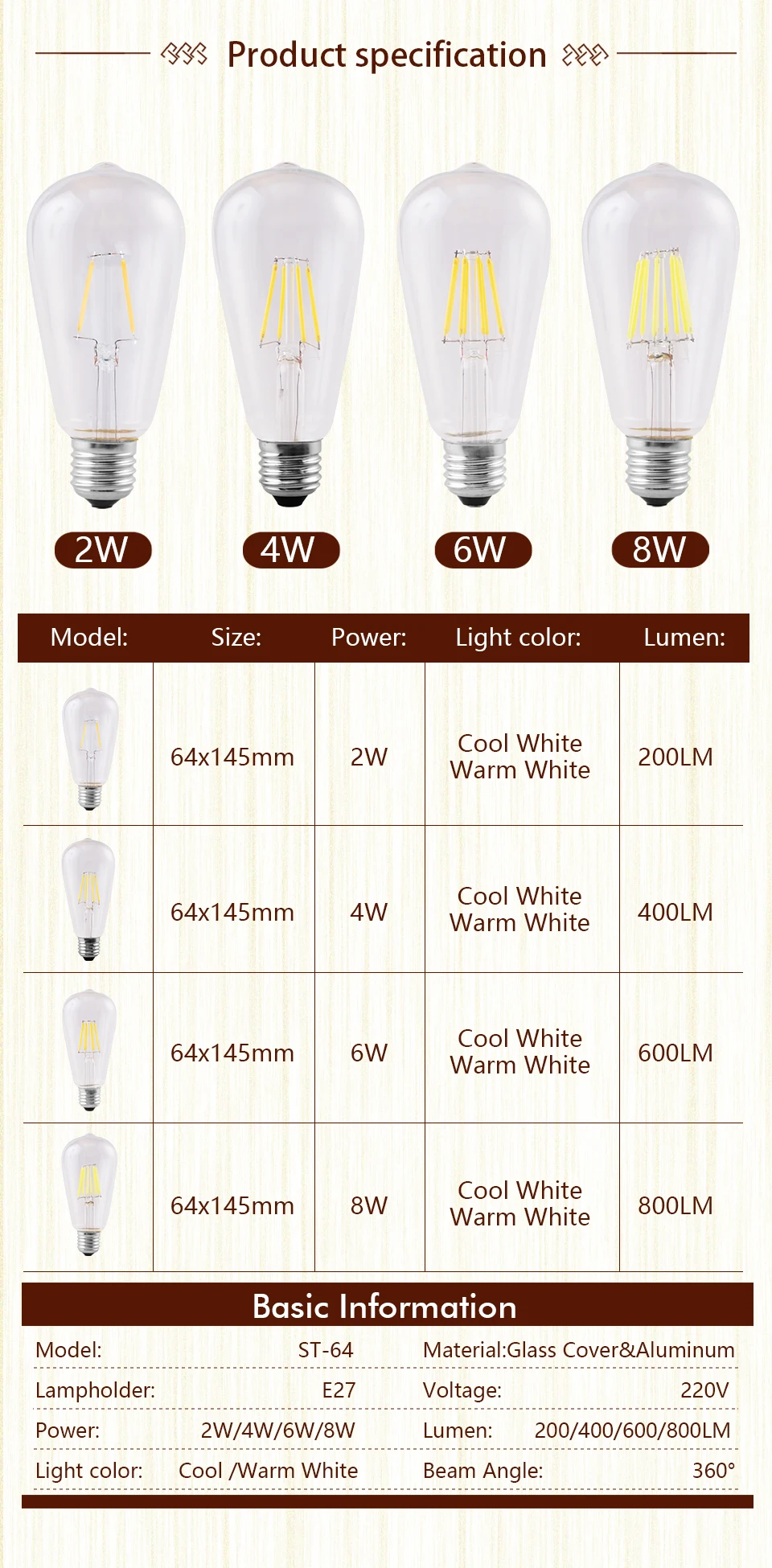 1-12pcs LED Edison Filament Light Bulbs ST64 Vintage Lamp E27 2W 4W 6W 8W 220V 2700K 6000K 360 Degree Energy Lamps