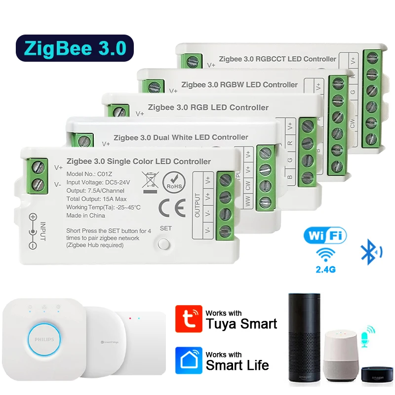 ตัวควบคุมไฟ LED Zigbee 3.0 ควบคุมผ่านแอพ WiFi สำหรับไฟ LED แบบ PWM ปรับความสว่าง ปรับสี CCT RGB RGBW RGBCCT พร้อมบริดจ์ Tuya Gateway ควบคุมด้วยเสียง DC5V-24V 1