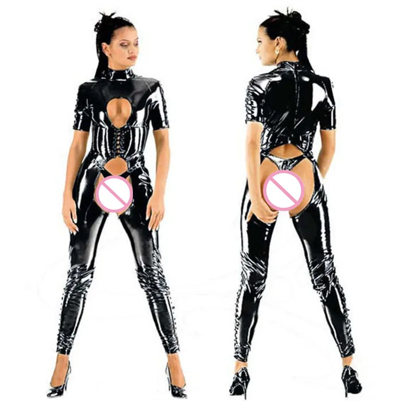 

Women Short Sleeve Black PVC Patent Leather Bright Leather Open File And Open Chest Tight Jumpsuit S-2XL lace bodysuit