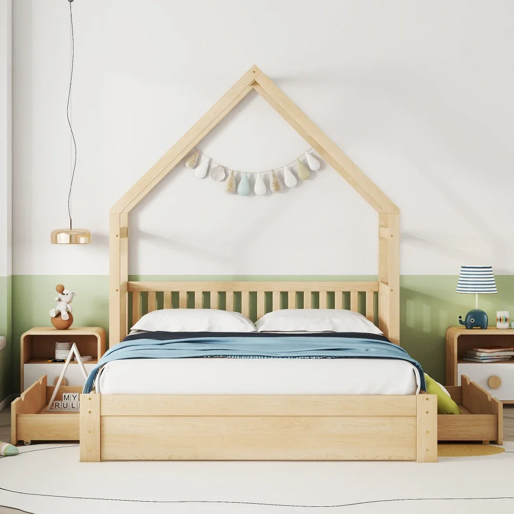 Children Beds Wood Queen Size House Platform Bed Guardrail and 2 Drawers,White Wooden Bed Bunk Beds for Kids Children Furniture 3