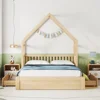 Children Beds Wood Queen Size House Platform Bed Guardrail and 2 Drawers,White Wooden Bed Bunk Beds for Kids Children Furniture 3