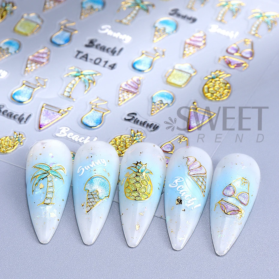 5D Bronzing Beach Coconuts Tree Summer Nail Art Stickers Gold Ice Cream Nail Decals Self Adhesive Nail Sliders Manicure Decor