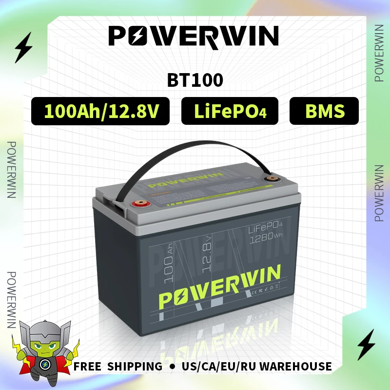 

POWERWIN 100Ah/1028Wh LiFePO4 Battery 12V Built-in BMS Off-grid Car Charge Energy Storage Solar Power System Inverter RV BT100