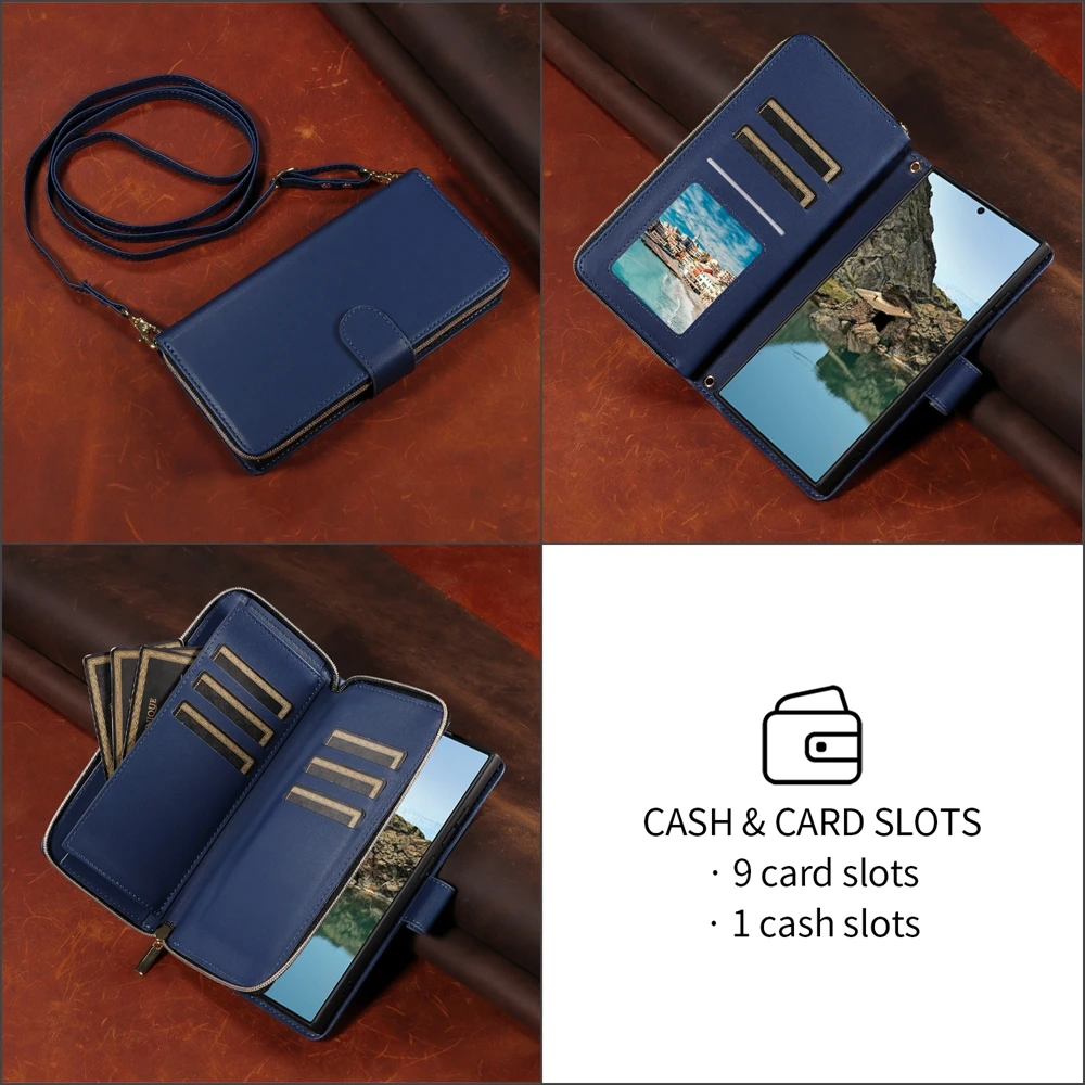 Zipper Wallet Leather Flip Case with Kickstand and Lanyard Phone Cover