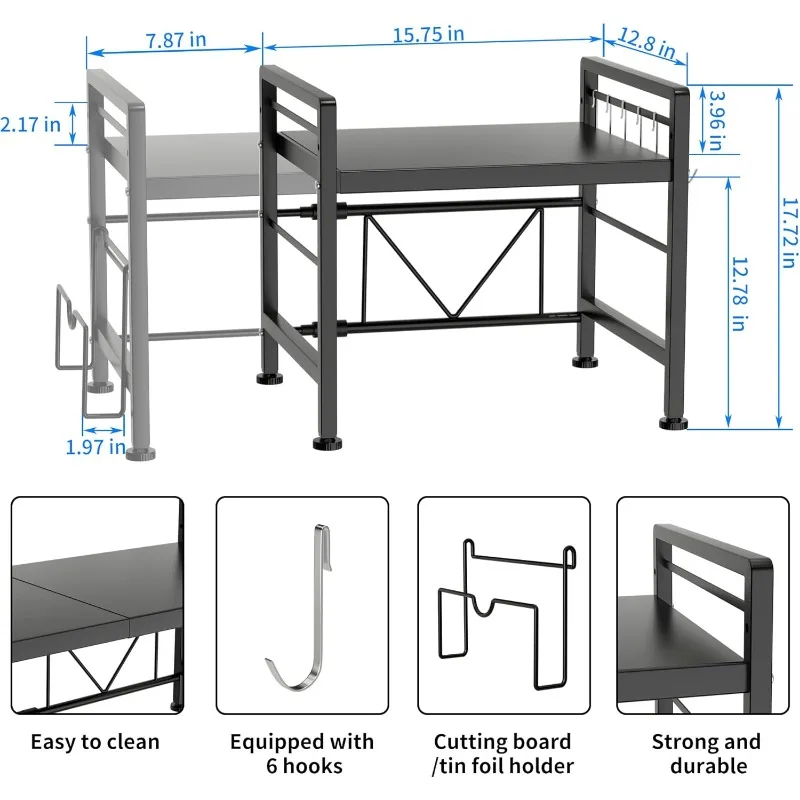 Extendable Microwave Oven Rack - Adjustable Kitchen counter shelf, 2 Tier Microwave Stand (L15.7~23.6" xW12.8 xH17.7) 3