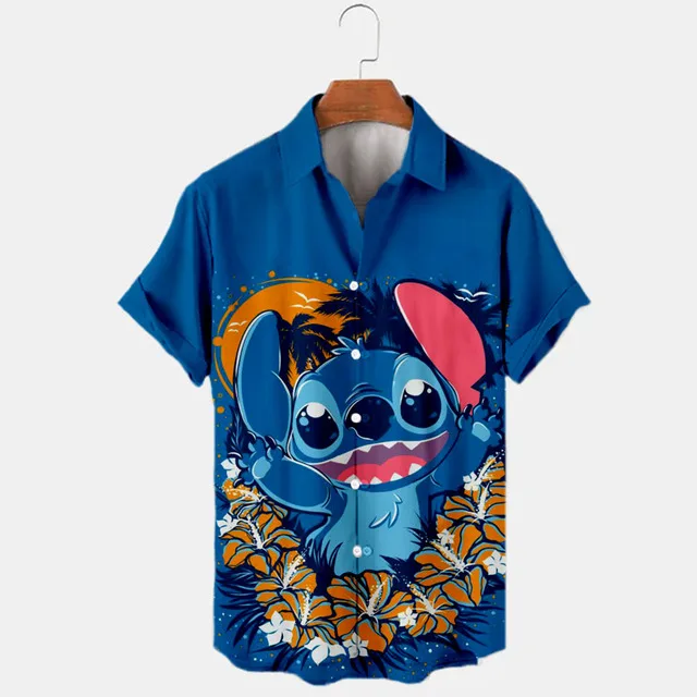 

2023 Summer New Disney Stitch Pattern T-Shirt Cartoon Anime Casual Shirt 3D Printing Short Sleeve Lapel Shirt Men's Top