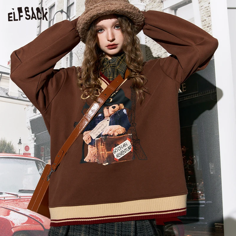 ELFSACK Graphic Kawaii Korean Fashion Spliced Hoodies Women 2023 Winter Luxury Designer Tops