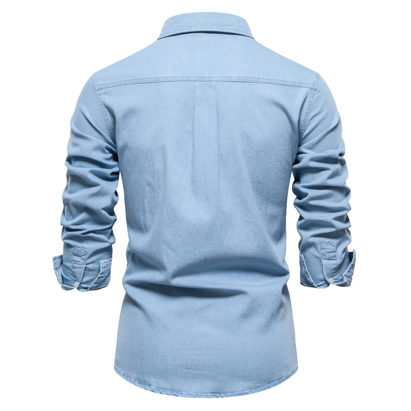 New Men's Casual Blouse Soild Slim Denim Shirt Double Pocket Lapel Button Up Tops Work Autumn Long Sleeve Male Shirts Top 4