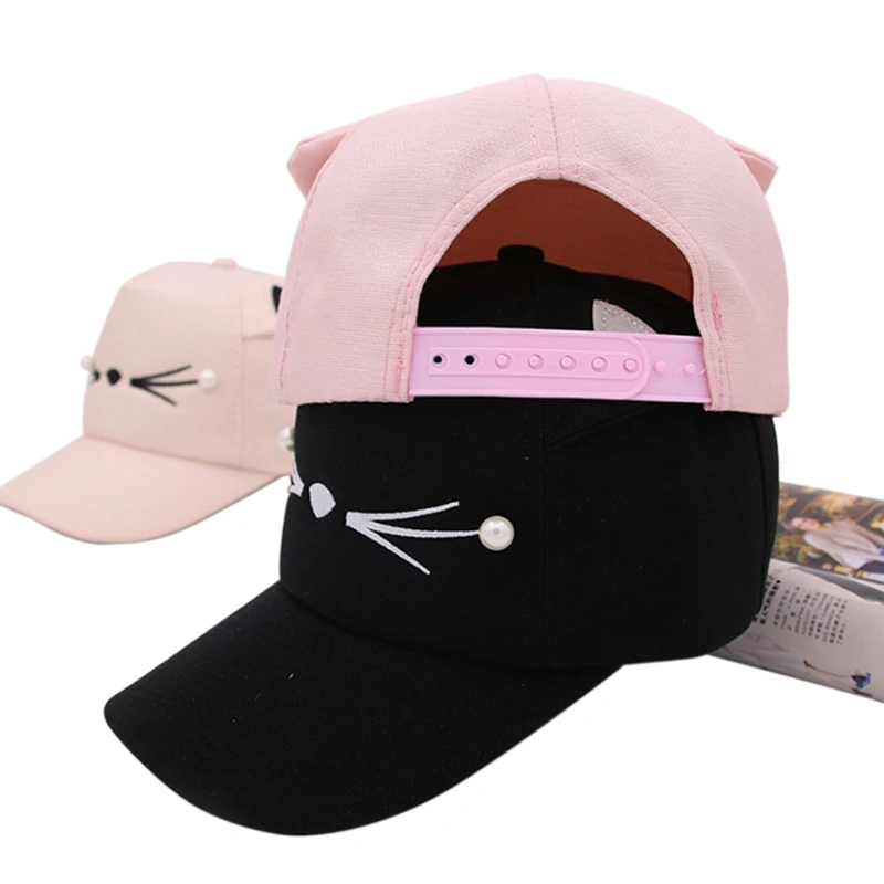 1PC Fashion Cute Cat Ears Snapback Cap Brand Street Adjustable 56- 61cm Lovely Embroidery Hat Boy Girl Pearl Baseball Cap