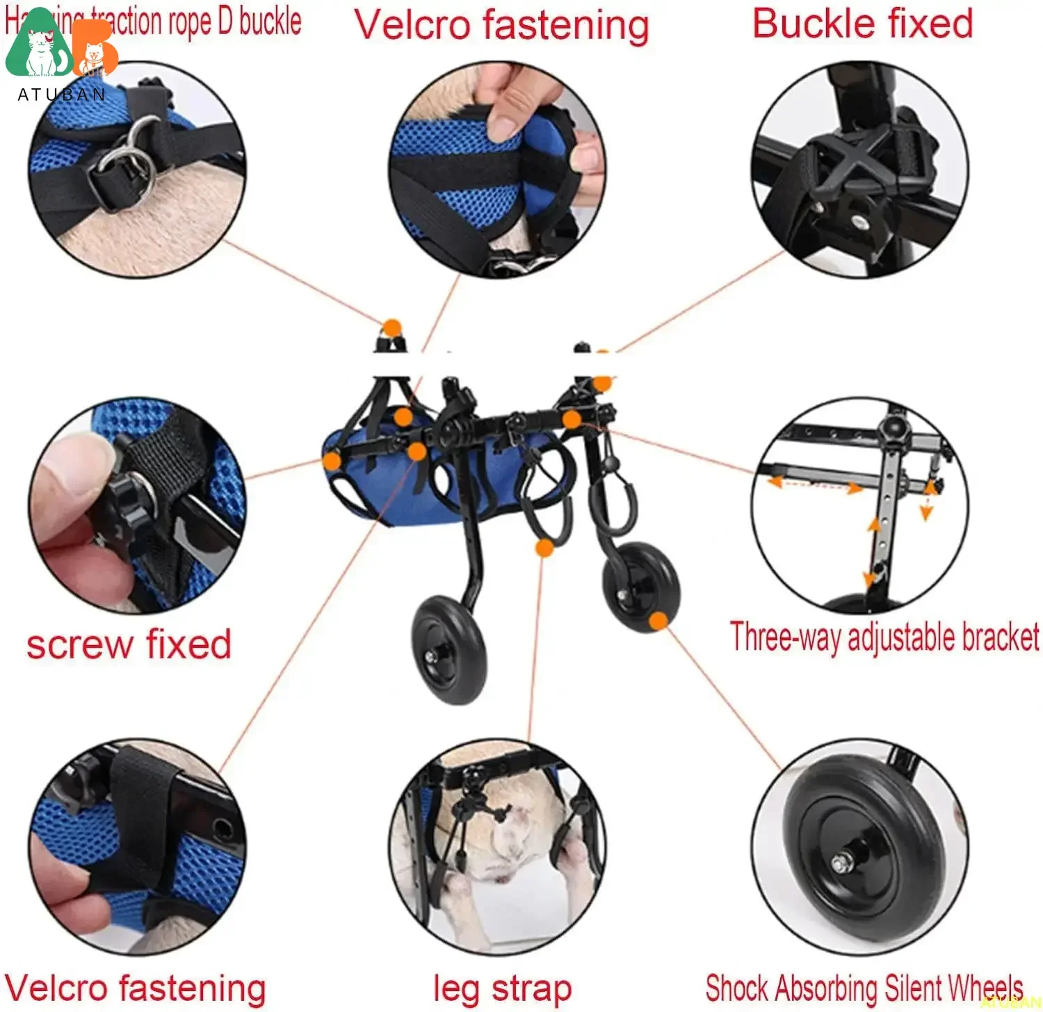 ATUBAN Cat & Dog Wheelchair, Adjustable Pets Cart with Wheels for Back Legs,Dog Brace and Hip Support, to Recover Their Mobility