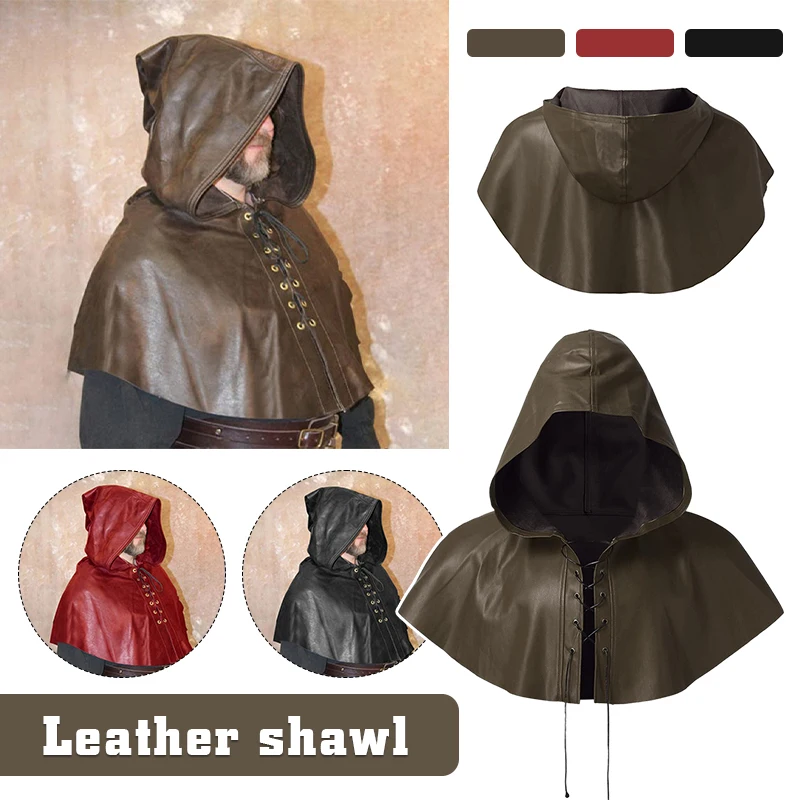 

Unisex Medieval Hooded Cloak PU Leather Cape Halloween Medieval Priest Monk Wizard Short Cloak Shawl Cape Cosplay Costumes