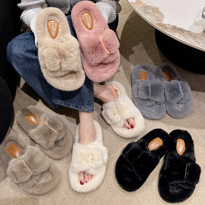 New Outsize Large Outwear Fashion One line Square Button Blow sole Leather Print Home Slippers Plush Slippers for Women