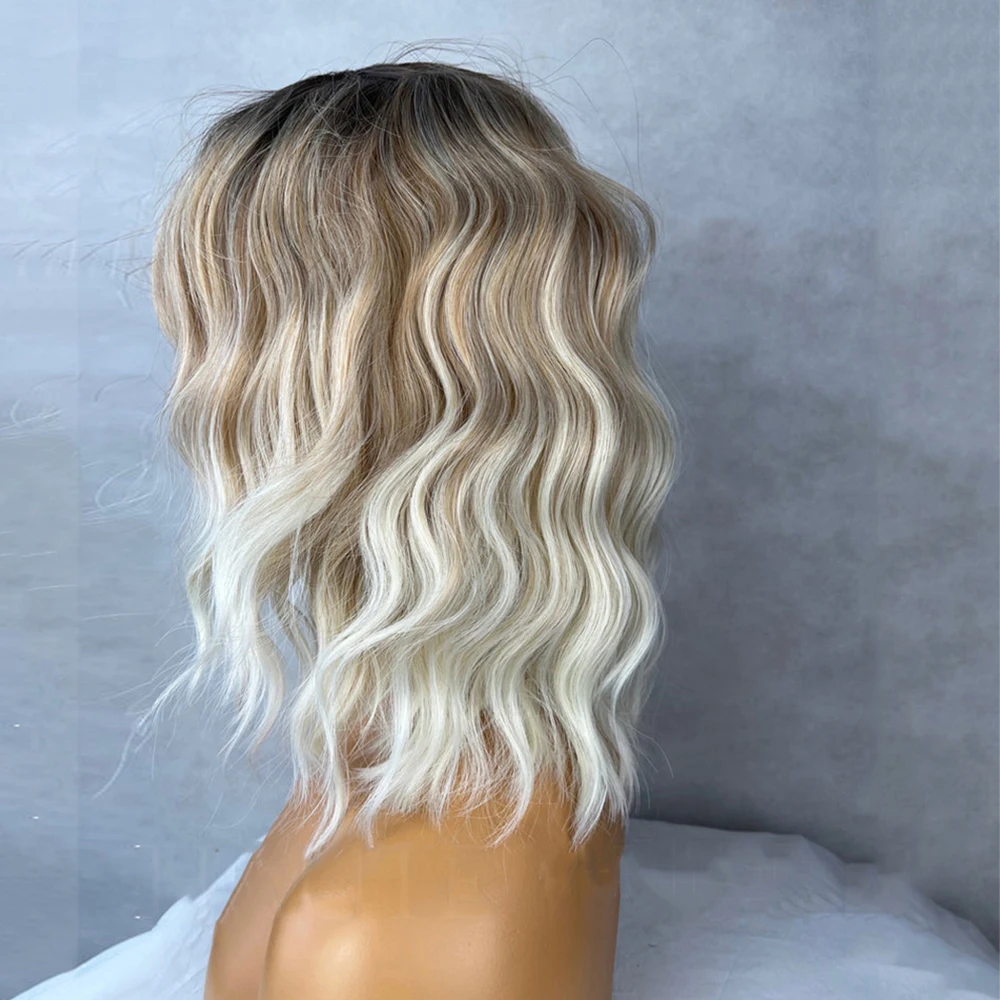 Lace Frontal Wig Bob Wig Ash Blonde Brown Balayage Highlights Streaks 14 Inch Bob Wig Wavy Lace Front Fringe Bangs Womens Wig Eye Catching Short