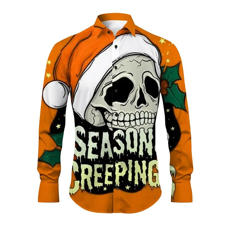 Retro Skull Abstract Men's Shirt Casual Fall and Winter Long Sleeve Open Lapel Men's Top Four-Way Stretch Comfortable Christmas