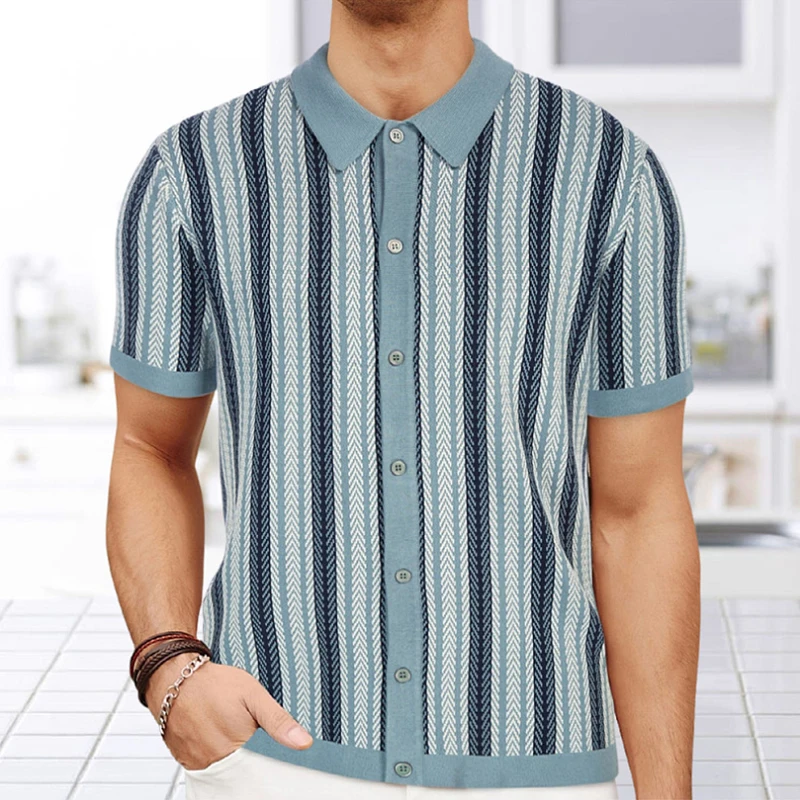 Vintage Striped Crochet Knitted Shirts Mens Spring Summer Casual Short Sleeve Buttoned Lapel Knit Tops For Men Trendy Cardigans 3