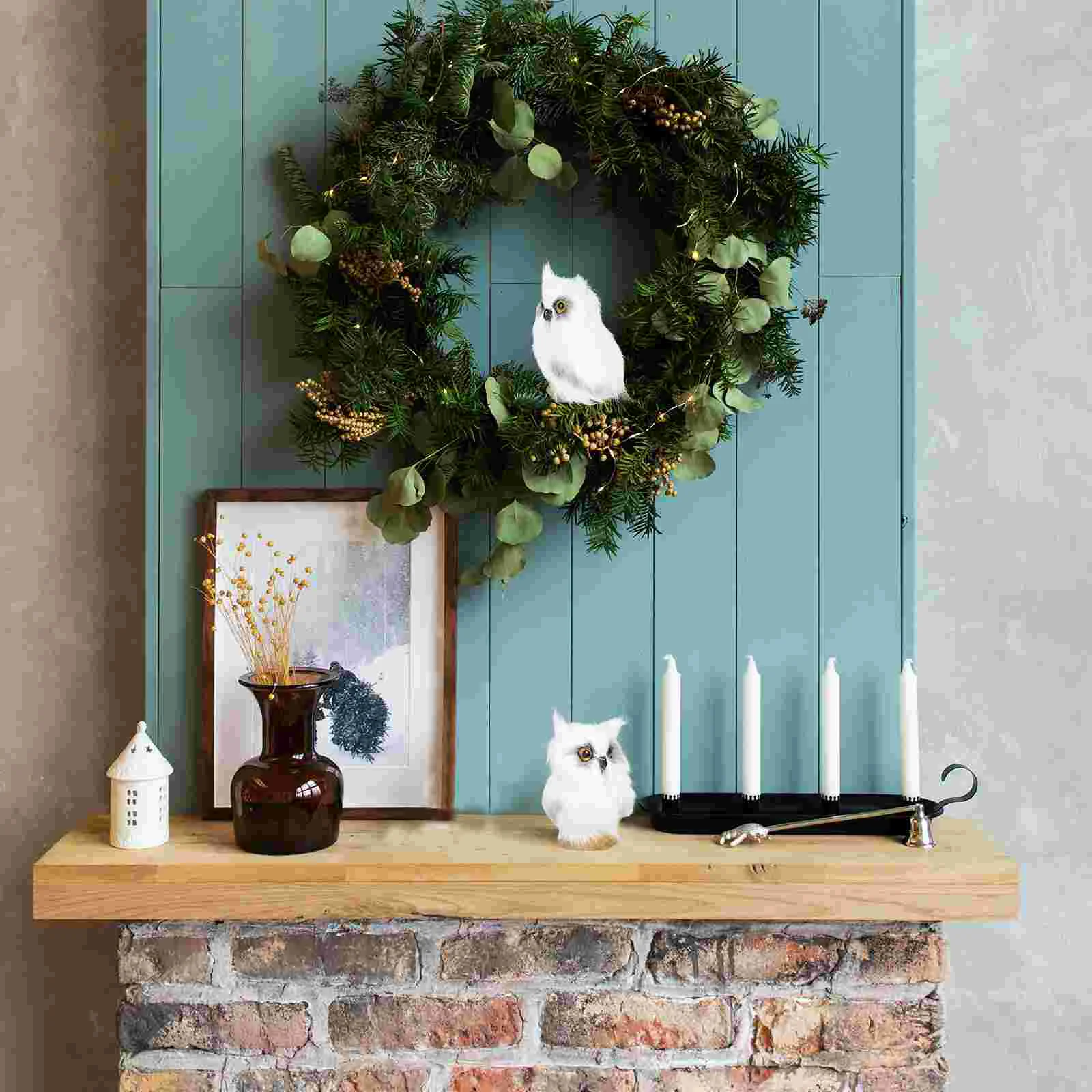 

2 Pcs Simulation Owl Tabletop Ornament Decor for Home Sculpture Decorative Christmas Faux Fur Chic Office Accents