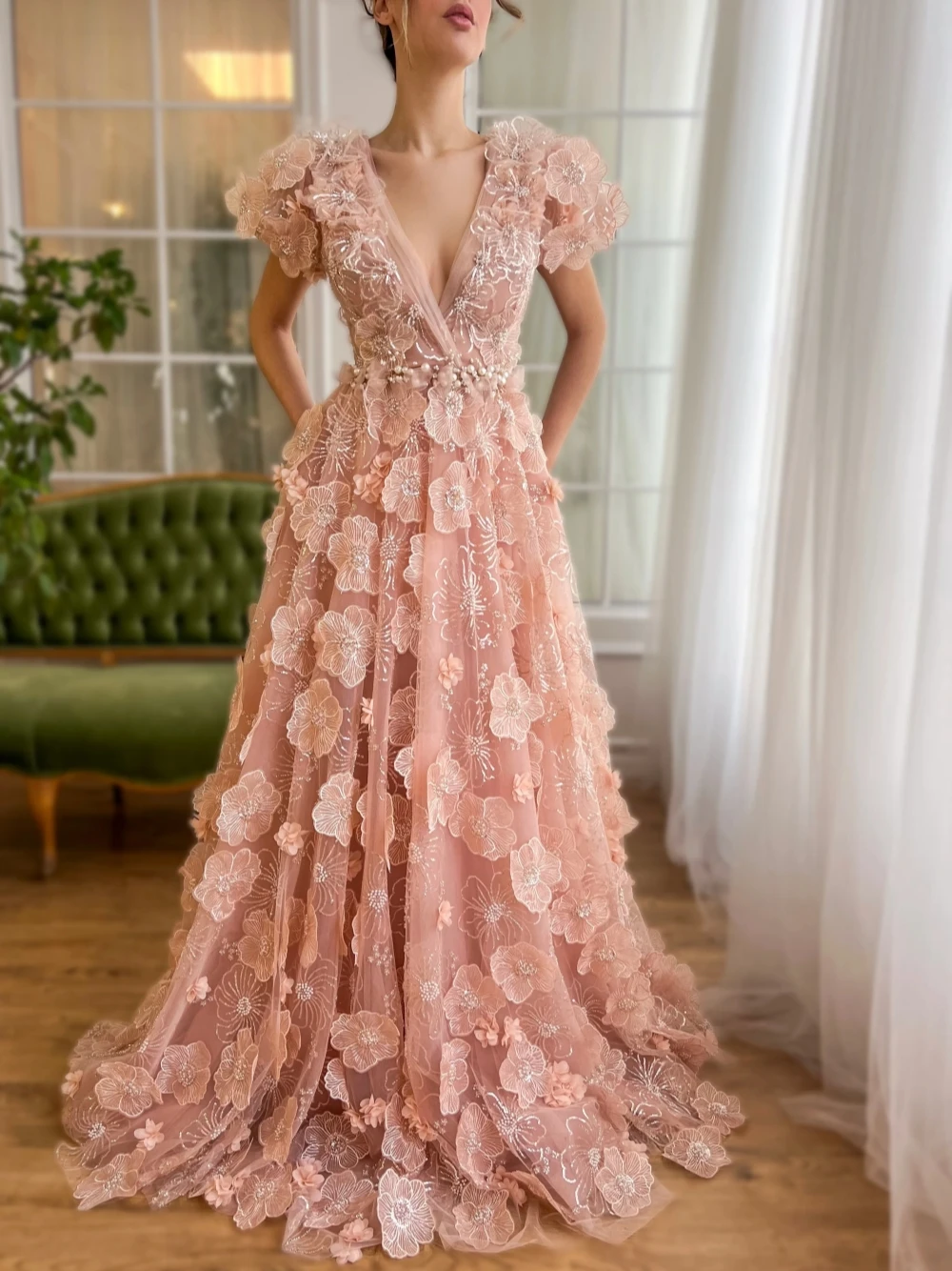 green emerald velvet dress Pear Rose Pink Evening Dress