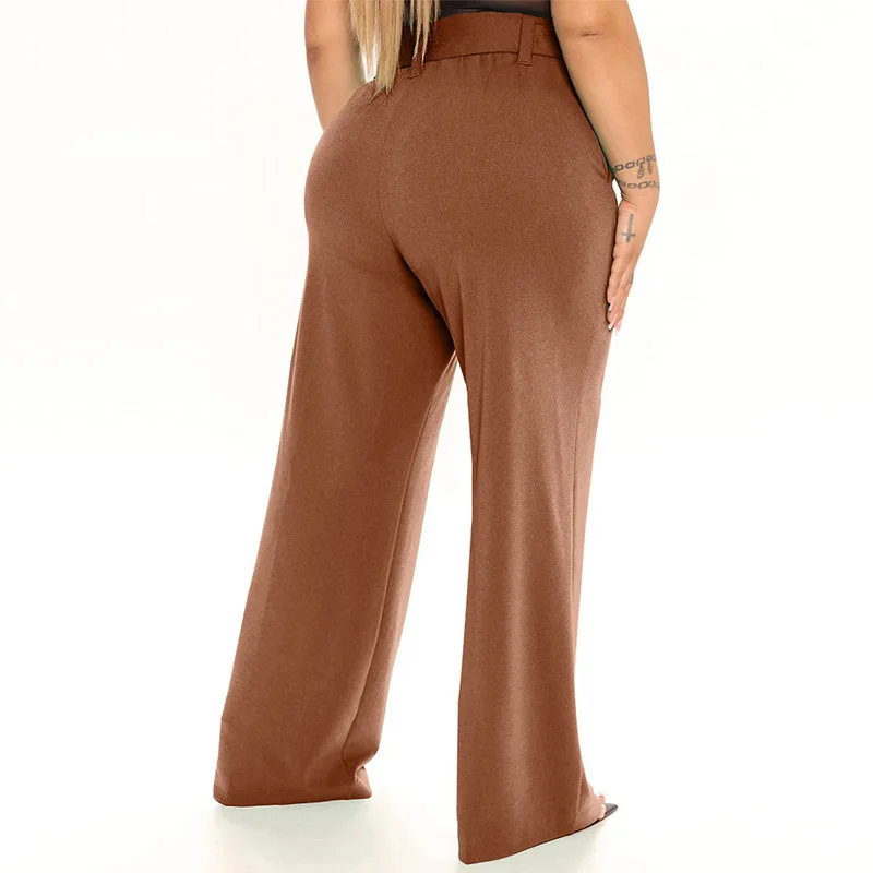 Belt Wide Leg Pants for Women Spring Summer New Solid Colors Loose-fitting Patchwork Pockets Casual Micro Flare Trousers