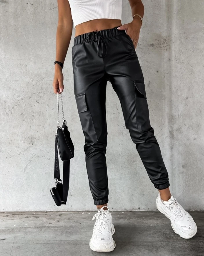 Women's Pants 2024 Spring Elastic Waist Pu Leather Cuffed Pants Daily Casual Pocket Design Drawstring Leather Pants