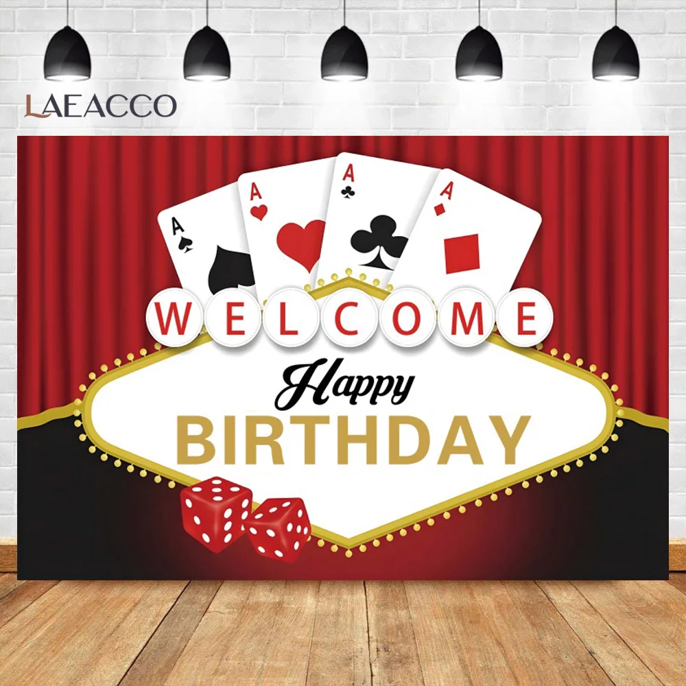 Laeacco Casino Party Photo Backdrop Birthday Theme Party Decor Playing Cards Golden Glitters Red Curtain Photography Backgrounds