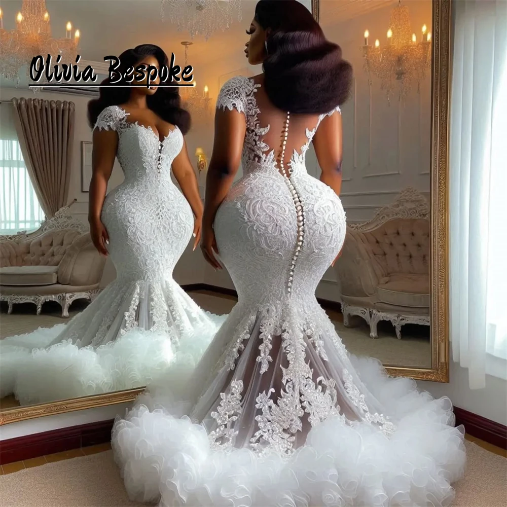 Button Back Tulle Ruched Train Aso Ebi Wedding Dresses 1