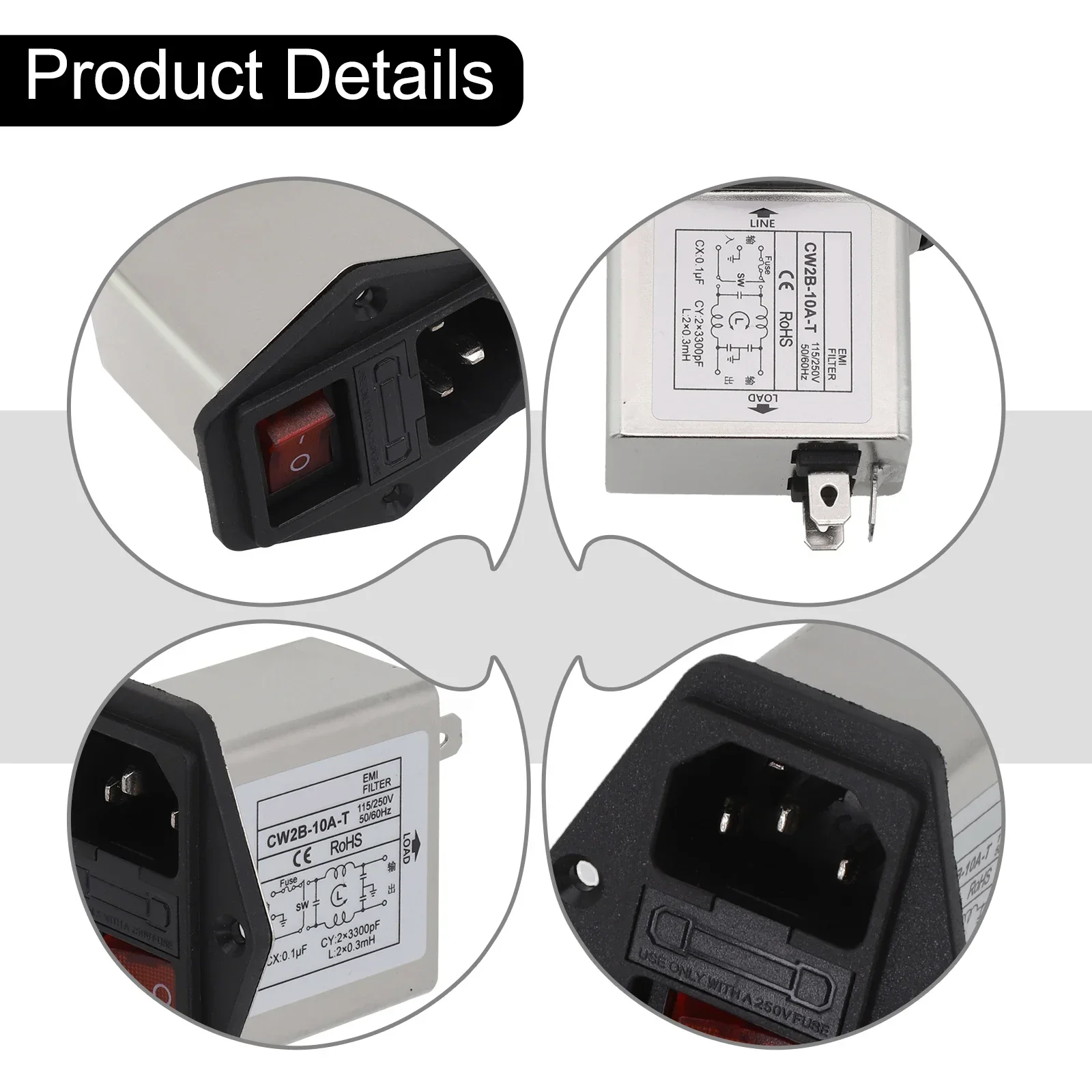 IEC Socket Type Power Filter CW2C-3A-T,CW2B-6A-T,CW2B-10A-T,CW2C-6A-T,CW2B-3A-T,CW2C-10A-T With Light Safety Switch