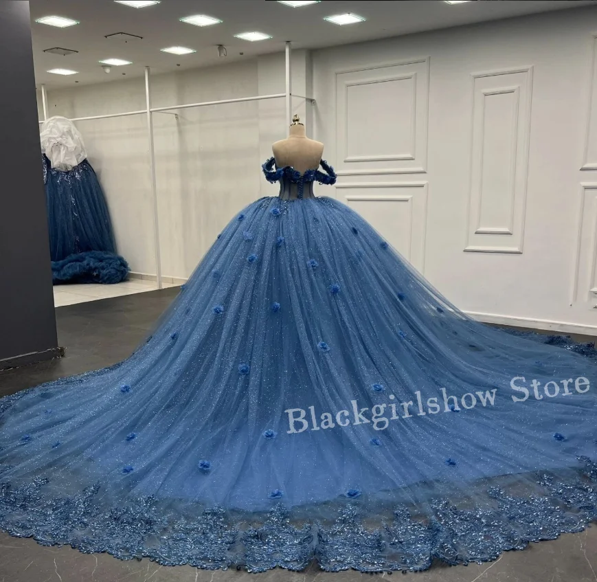 Princess Blue Quinceanera Dress Luxury Sheath Corset Sequin Applique Chapel Train vestido de 15 a&ntilde;os