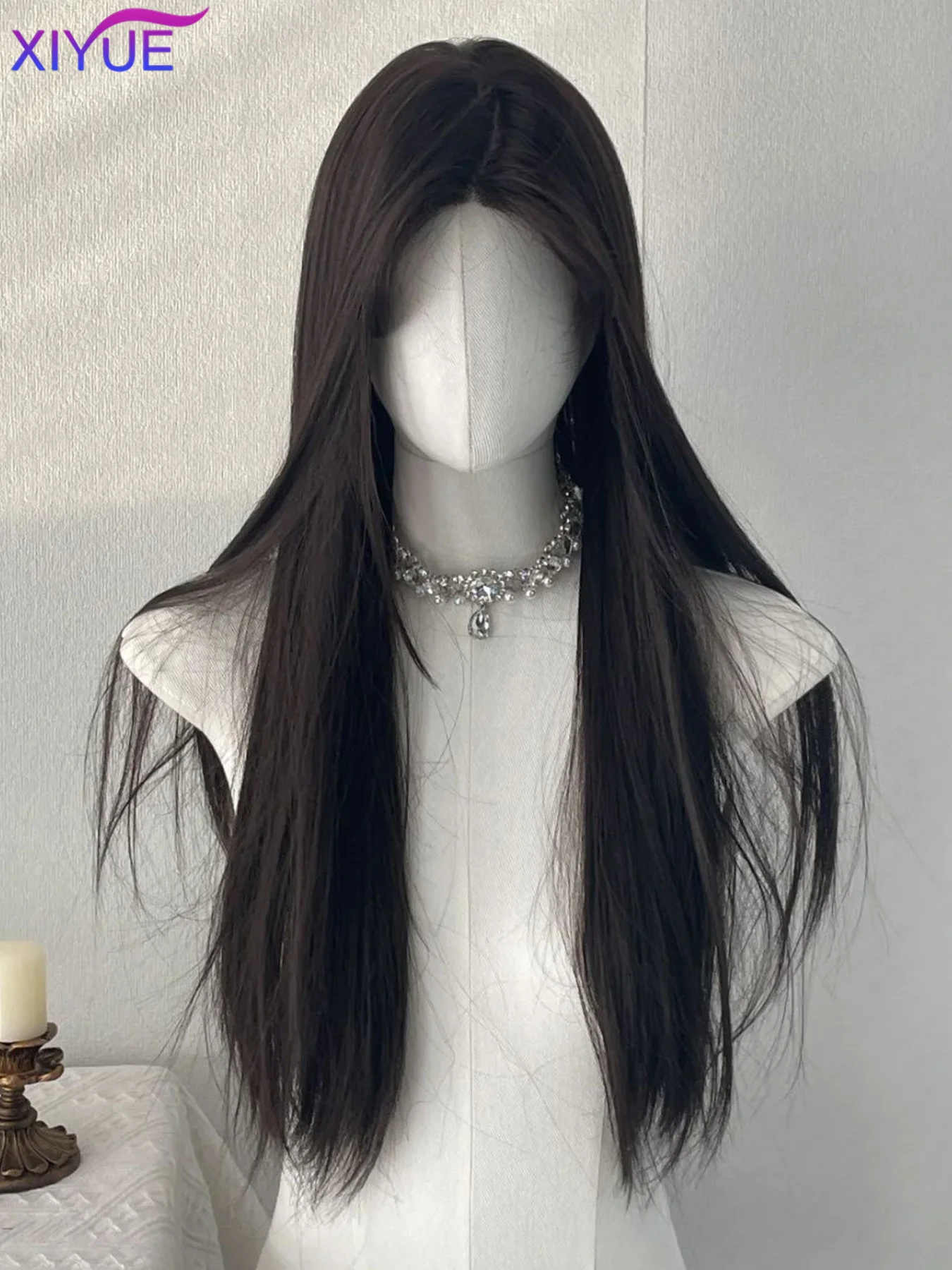XIYUE Long Straight Black Synthetic Wig For Woman With center part black Cosplay Lolita Wigs Heat Resistant Natural Hair