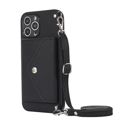 Crossbody Shoulder Strap Wallet Card Holder with Lanyard Cover - iPhone 7 P 8 Plus (Black)