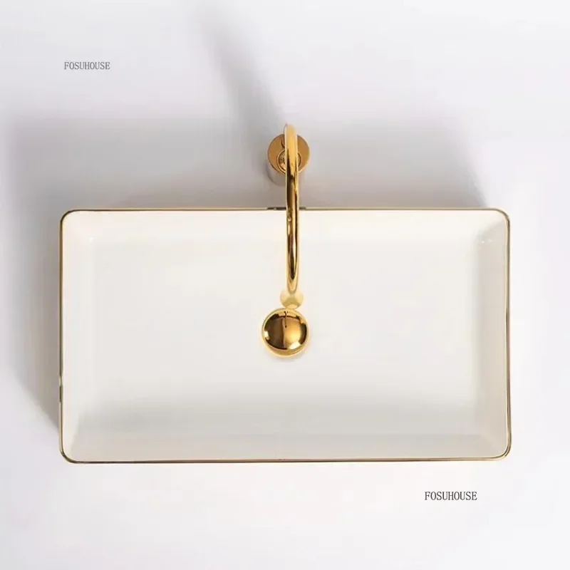 Luxury Gold Ceramic Tabletop Bathroom Sinks Home Hotel European Minimalist Household Washbasin Square Bathroom Wash Basins d 4