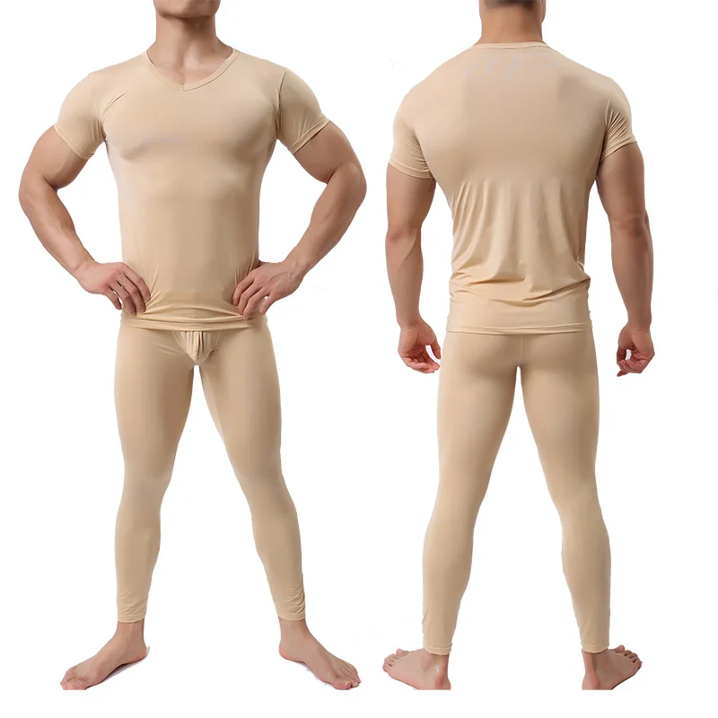 Men Ice Silk Undershirt+Pants Pajama Sets Silk Sleepwear Spring Nightwear Male 2 Pieces Sets Homewear