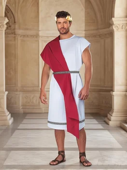 Costume da Uomo Toga Greca Romana Antica Tunica da Imperatore Cesare con Drappeggio Rosso per Halloween Carnevale Festa Travestimento