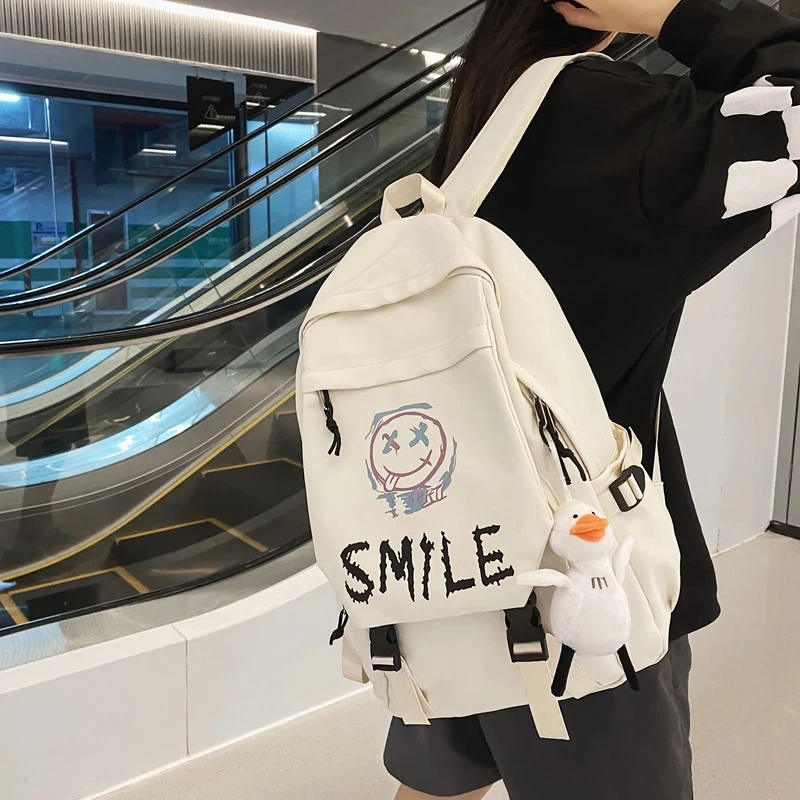 Pocket Front Backpack Preppy Style Solid Color Nylon Bookbag 2024 Waterproof Kawaii Large Capacity Double Handle School Bag