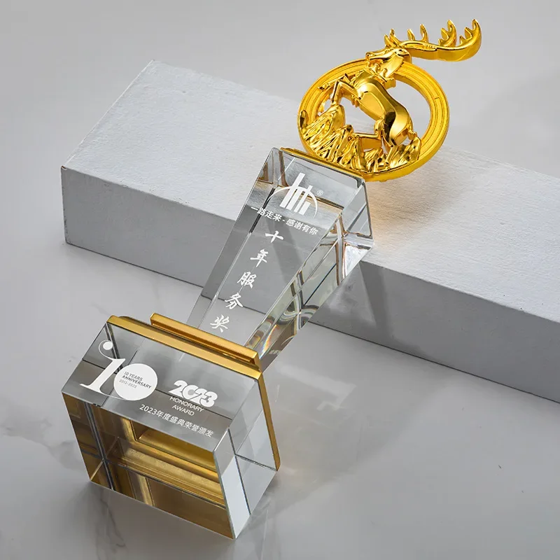 Customized High-end Crystal Trophy, Souvenir Crafts Gift, Home Decoration, Creative Metal Deer Trophies Commemorative Award, 1Pc