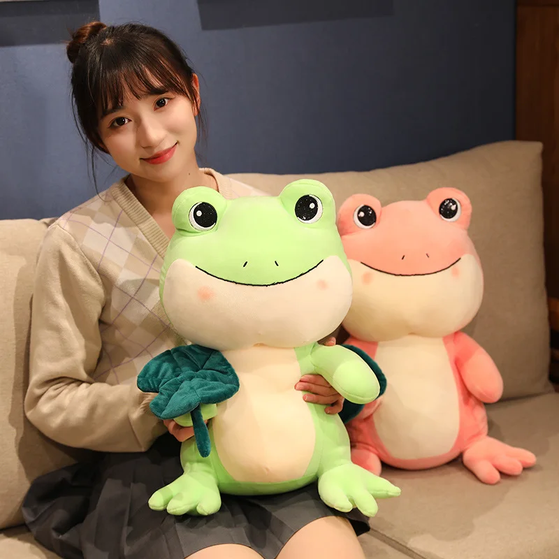 25-45cm Green Pink Frog With Lotus Leaf Plush Toys Cartoon Animal Doll  Stuffed Soft Pillow