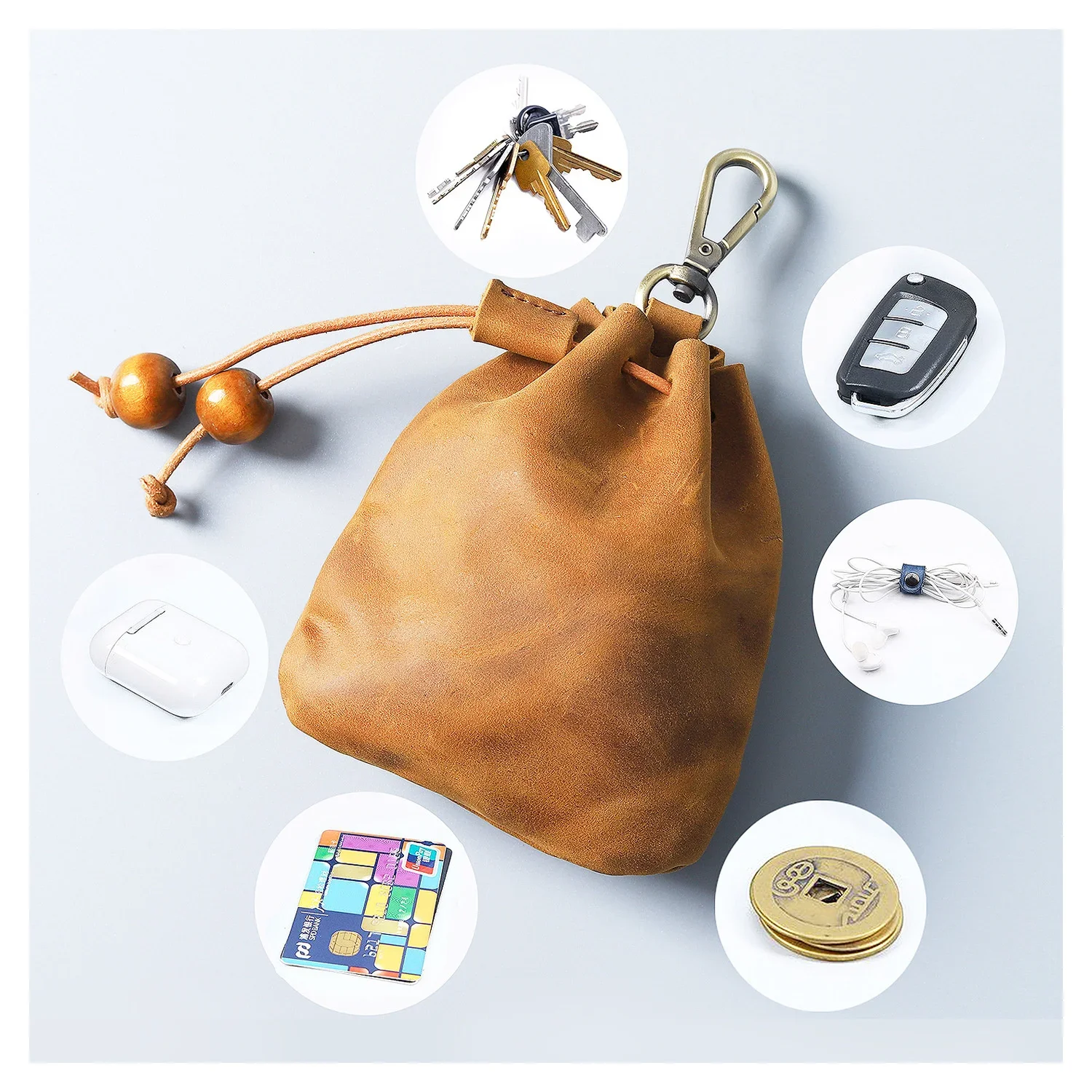 Handmade Genuine Leather Unisex Coin Purse Portable Money Pocket With Metal Hook Retro Drawstring Wallet Storage Bag coin purse coin wallet