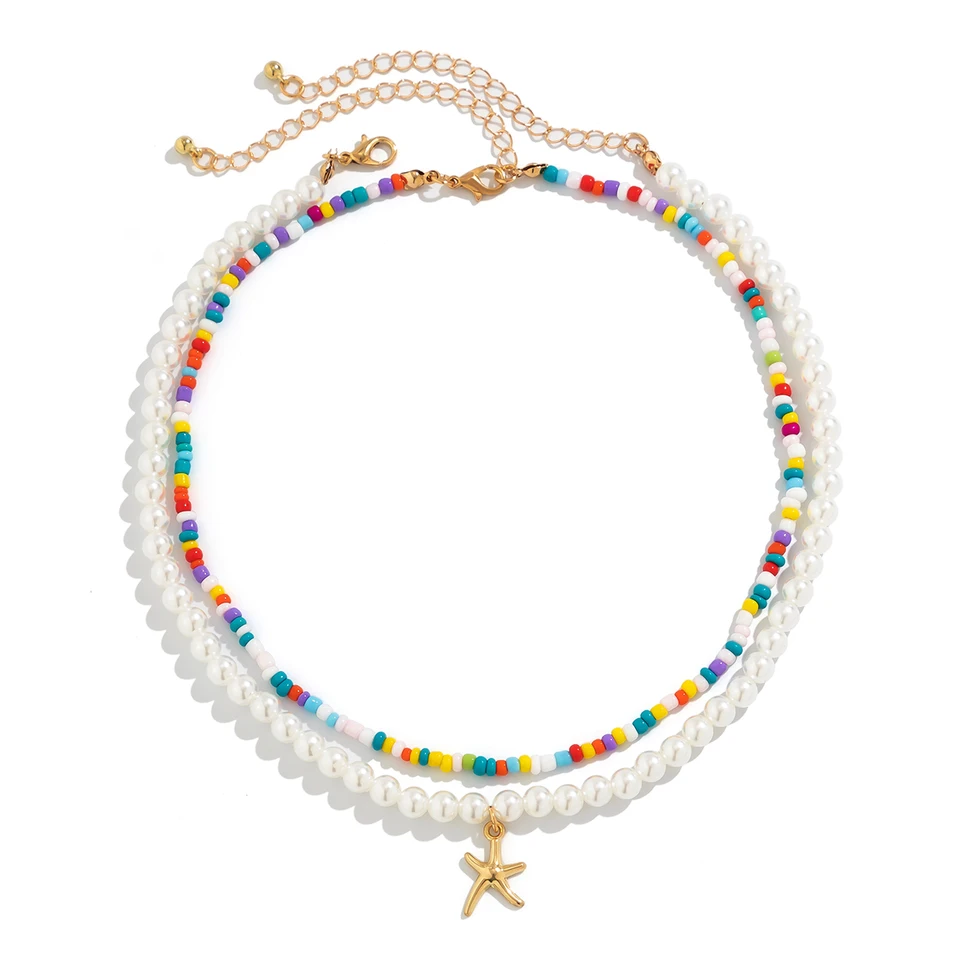 COIRIS Seed Bead Statement Choker Necklace - Multi-Layer Bohemian Chunky Cluster Strand With Tear Earring, Punk Style - View #2