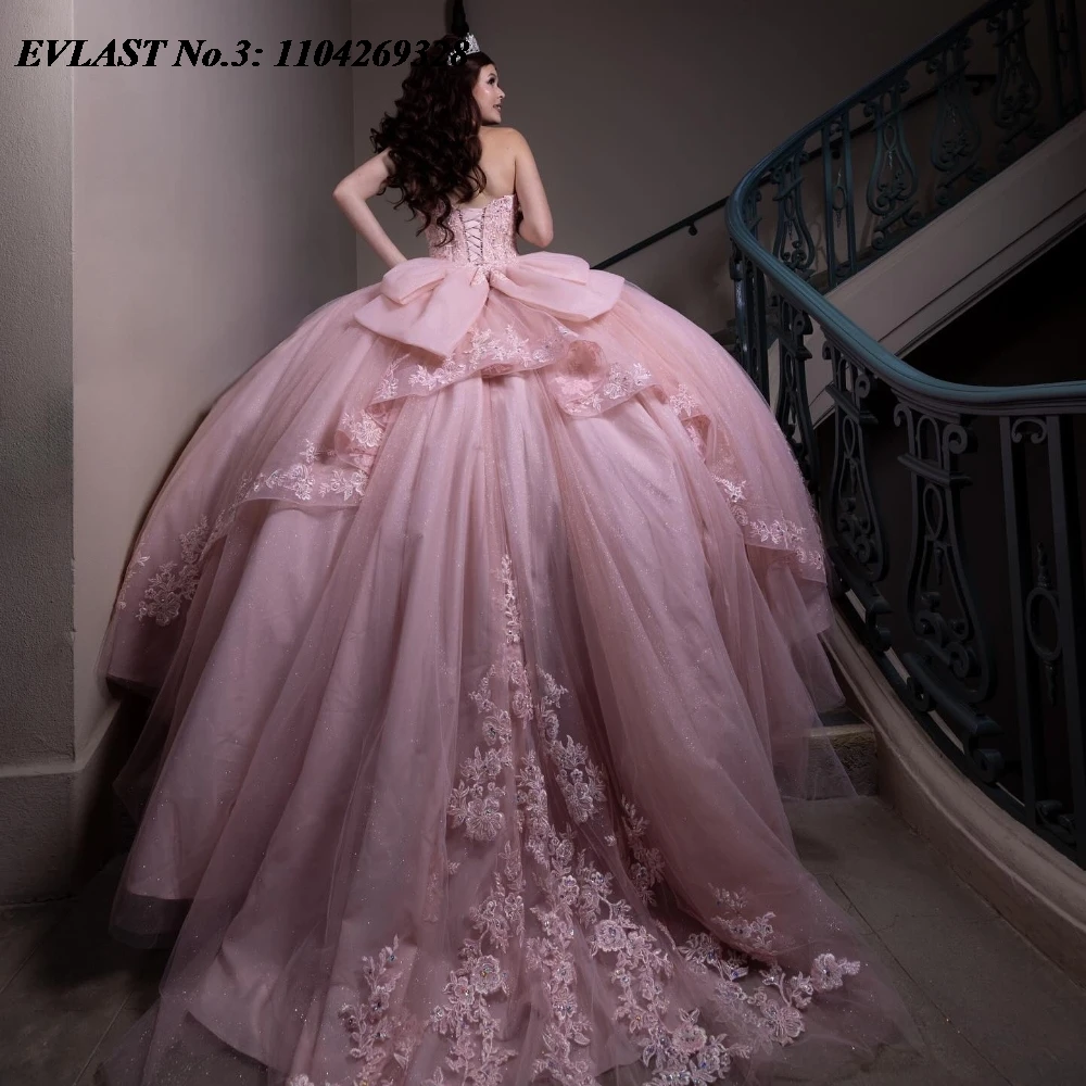 EVLAST Sparkly Pink Quinceanera Ball Gown Lace Applique Beading Bow Tiered Sweet 16 Dress E3Q188