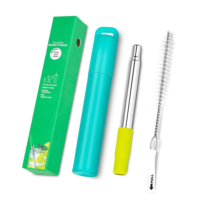 Portable Telescopic Stainless Steel Reusable Straw Set with Case and Cleaning Brush