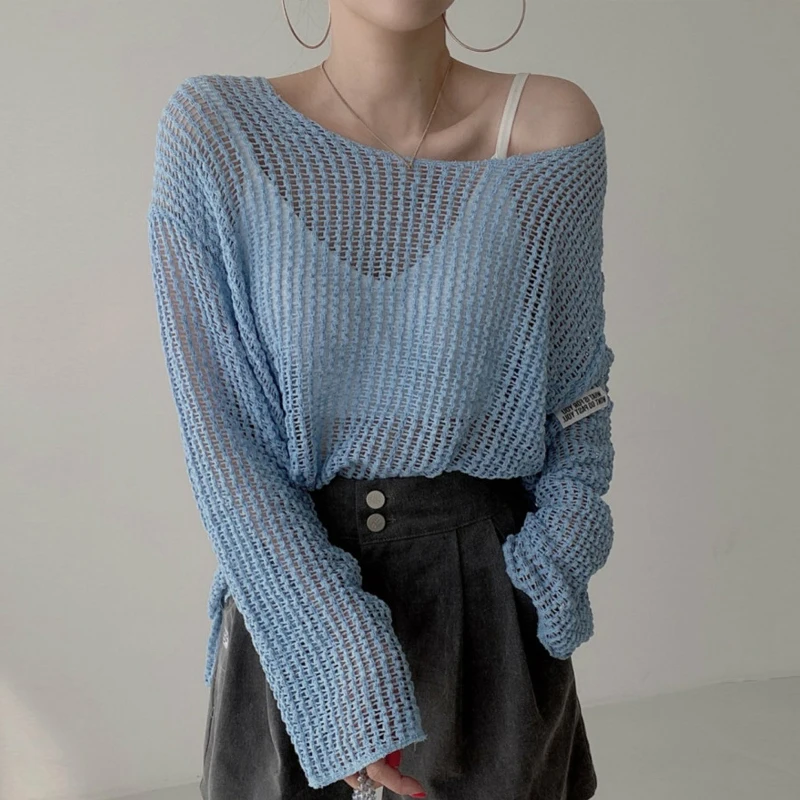 

Вязаный крючком пуловер большого размера в Корейском стиле, пляжный летний сетчатый солнцезащитный пуловер с длинным рукавом, свободные ажурные пикантные вязаные топы