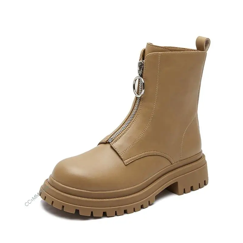 New Ankle Boots Split Leather Women Flat Platform Short Booties Fashion  Motorcycle Autumn Winter Boots