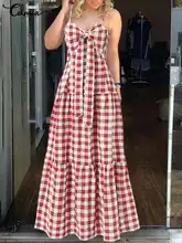 

Celmia Plaid Robe Longue Sexy Spaghetti Straps Pleated Bandage Knotted Sleeveless Maxi Dress Women Bohemian Holiday Sundress