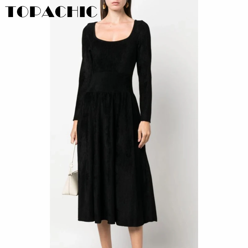 

10.18 TOPACHIC Women's Elegant Solid Color Soft Knitted Square Collar Collect Waist Mid Length Flared Dress