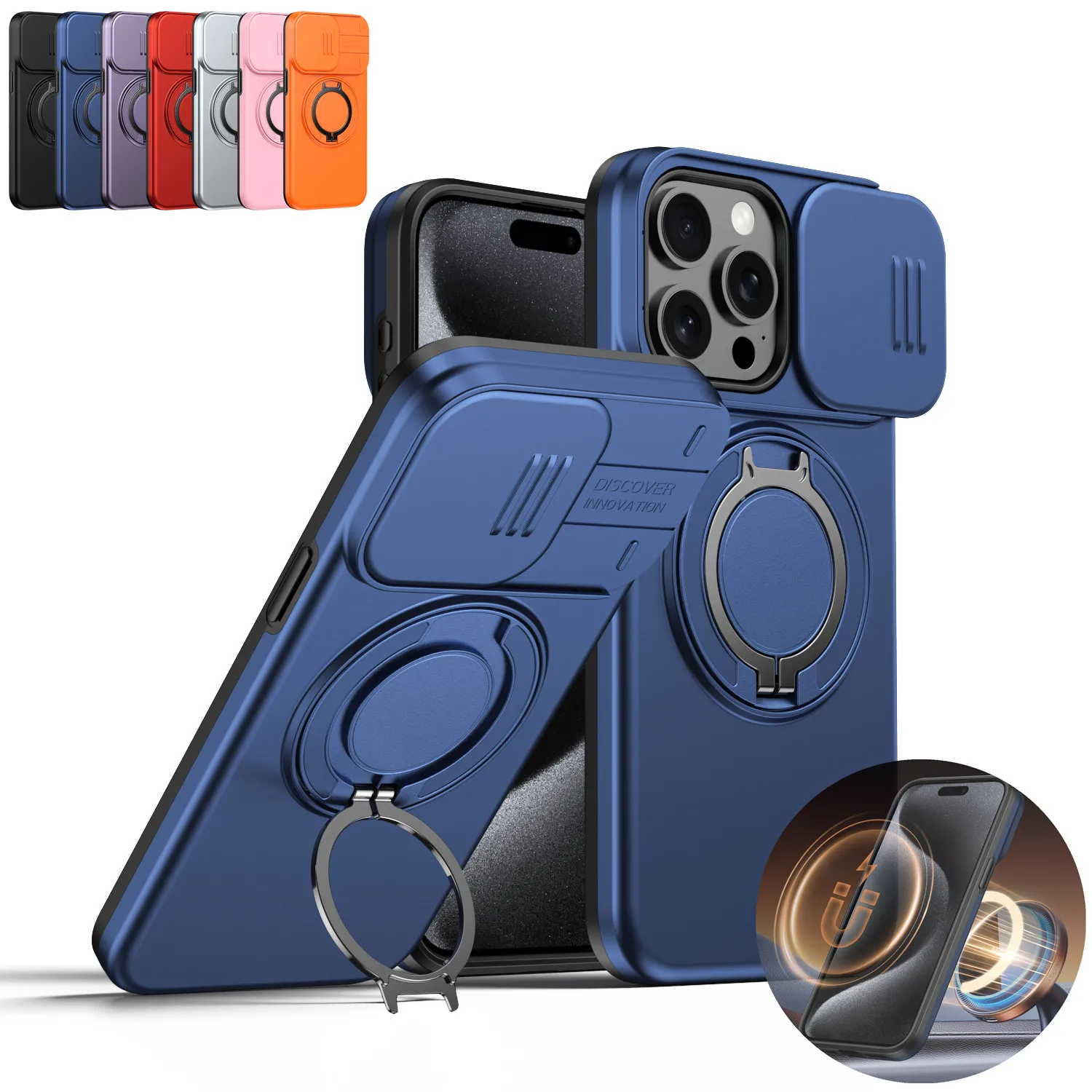 360° Rotating Shockproof Magnetic Stand Phone Case with Slide Camera Protection Cover