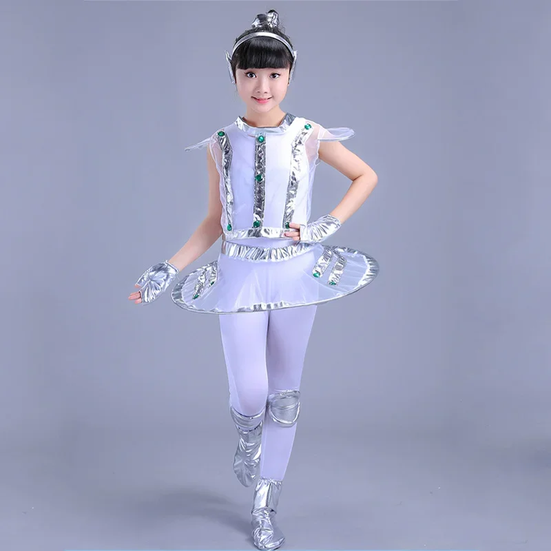 Kids Robot Costume White Silver Astronaut Performance Space Stage Dance Show Time Clothing Unisex Dance Clothes Boy or Girl cosplay costume,kids girls dress