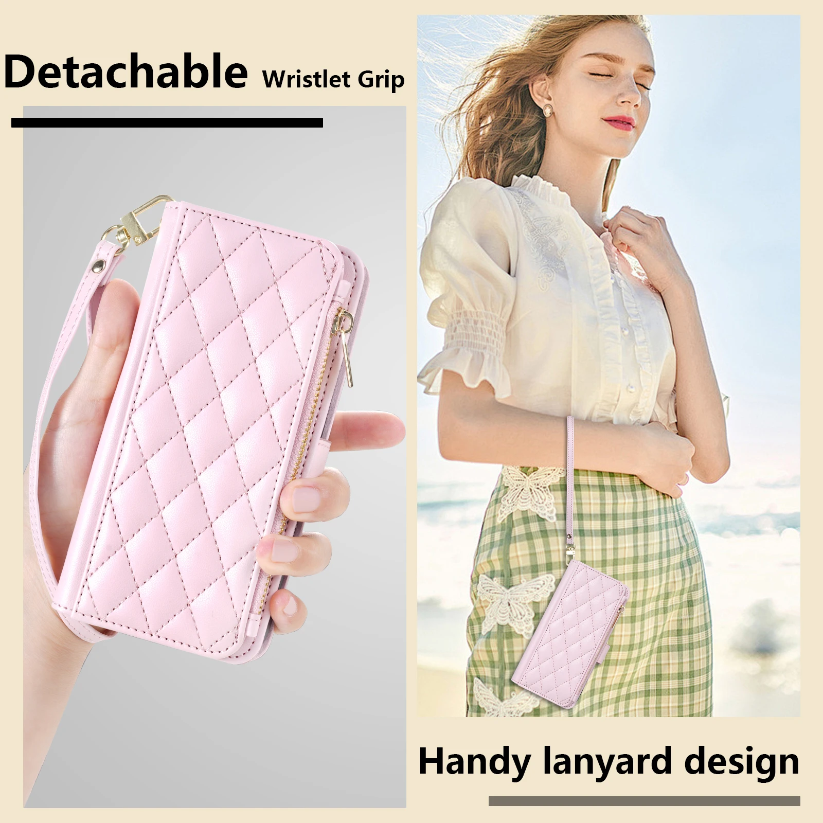 Compact Leather Wallet-Style Phone Case with Fragrance Zipper, Card Slots, and Magnetic Flip Closure