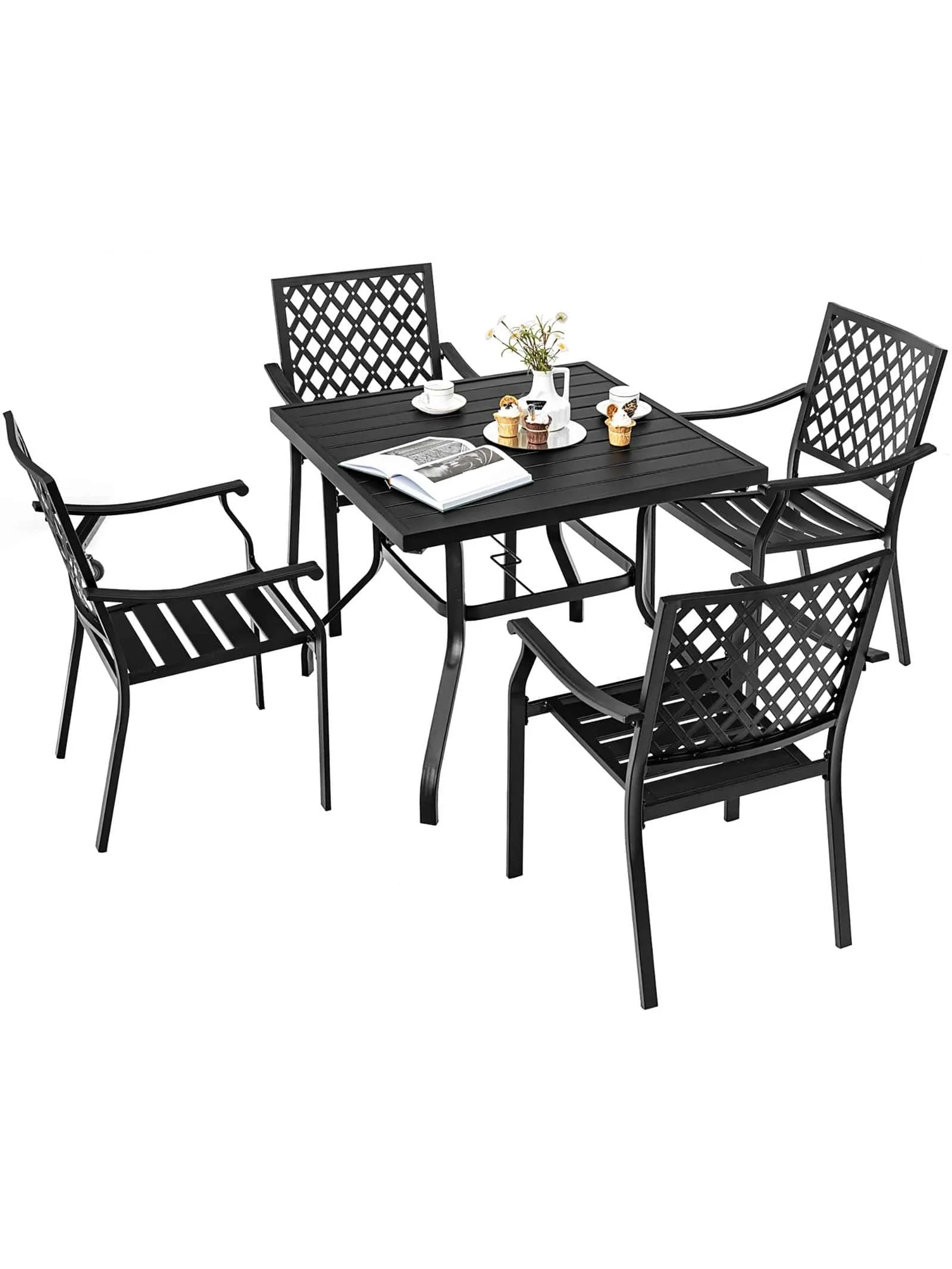 Set of 2 Patio Dining Chairs Stackable Metal Slat furniture Love