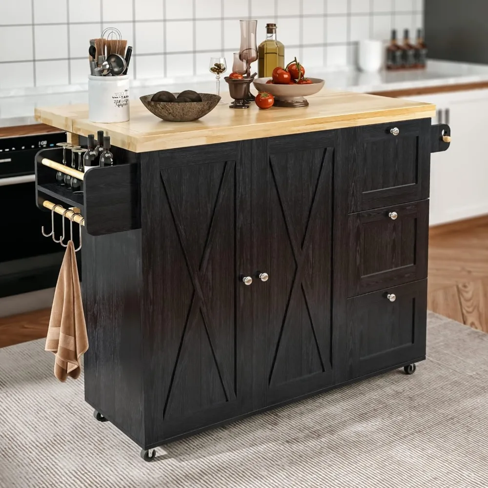 

Kitchen Trolley, Barn 3Drawers, Barn Door Style Cabine,Thicker Rubberwood Top, Rolling Kitchen Island Cart