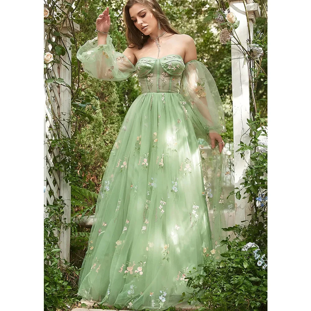 

Fairy Forest Green Prom Dress Long Puffy Sleeves Sweetheart Floor Length A Line Flowers Tulle Party Sweet Evening Dress Vestidos